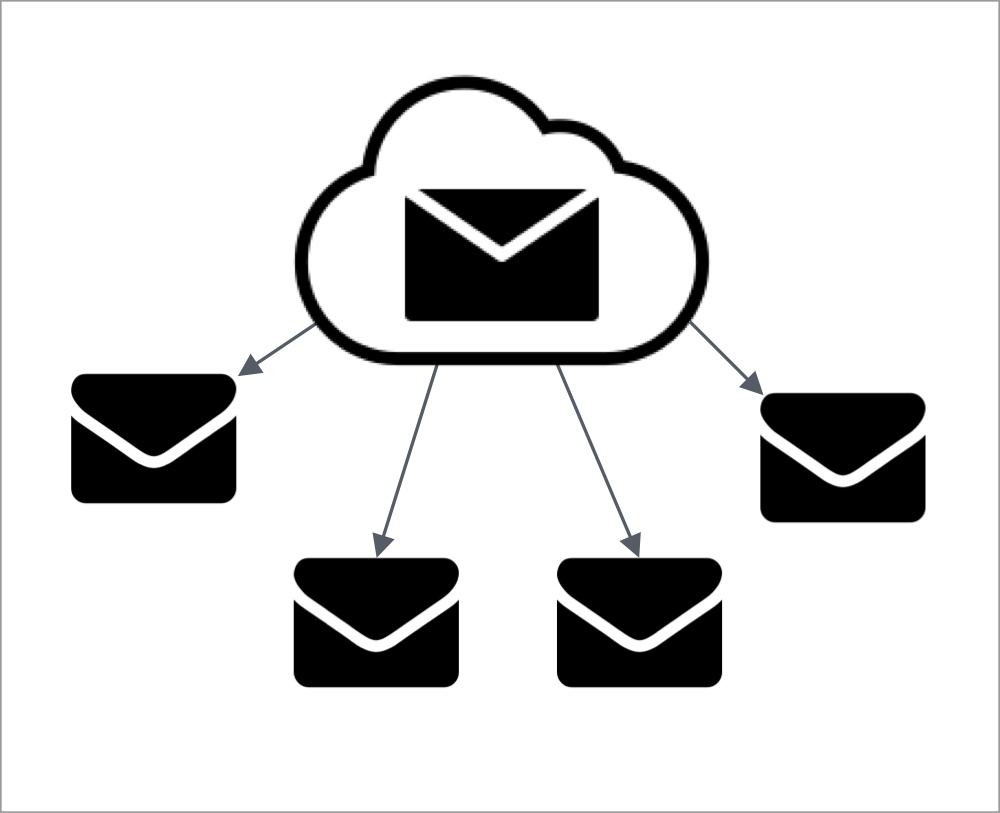 E-Communications graphic showing cloud email distribution